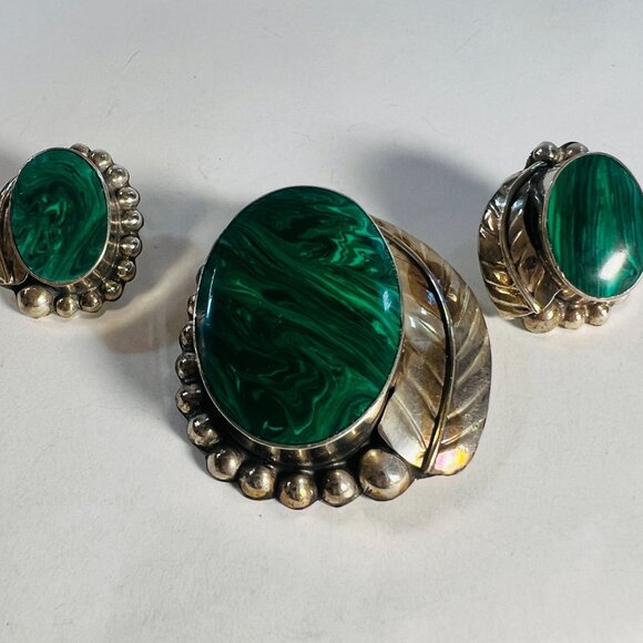 Vintage Mexican TAXCO TC-25  Sterling Silver & Malachite Brooch Post Earrings Se - Picture 1 of 4